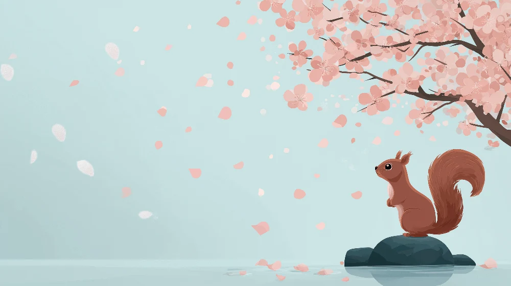 Tapet barnerom | Leken ekorn under et blomstrende kirsebærtre
