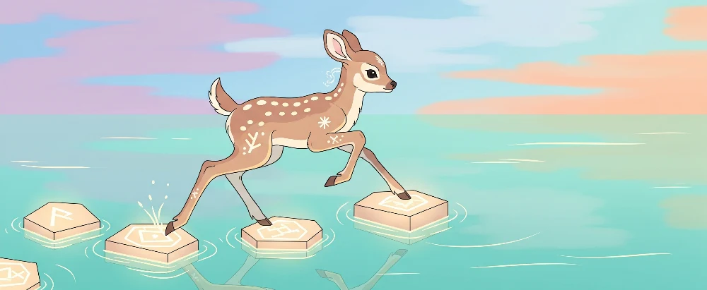 Tapet barnerom | Leken fawn hopper på steiner i et vannlandskap
