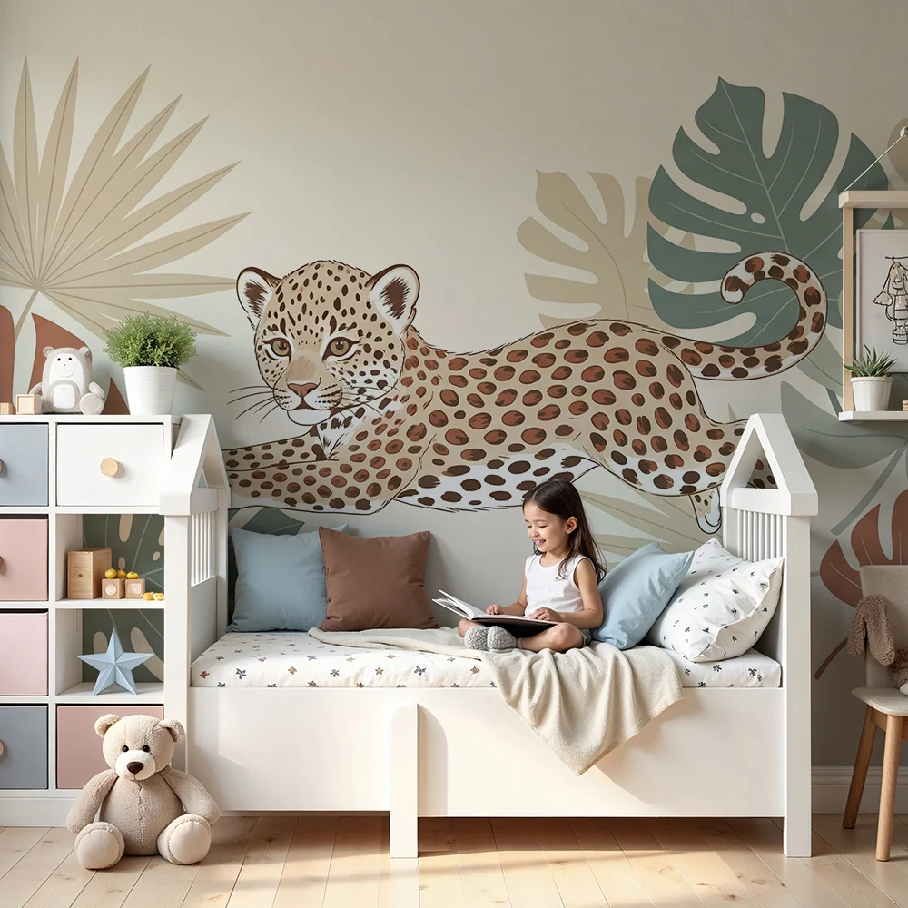 Tapet barnerom | Leken leopard midt blant tropiske blader