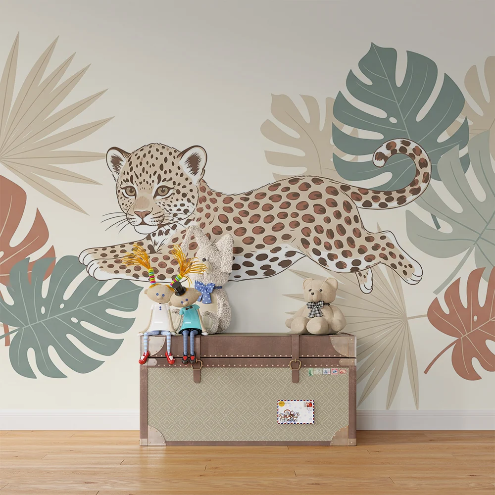 Tapet barnerom | Leken leopard midt blant tropiske blader