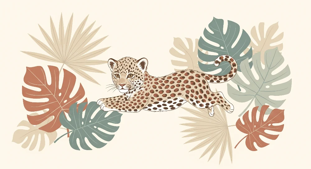 Tapet barnerom | Leken leopard midt blant tropiske blader