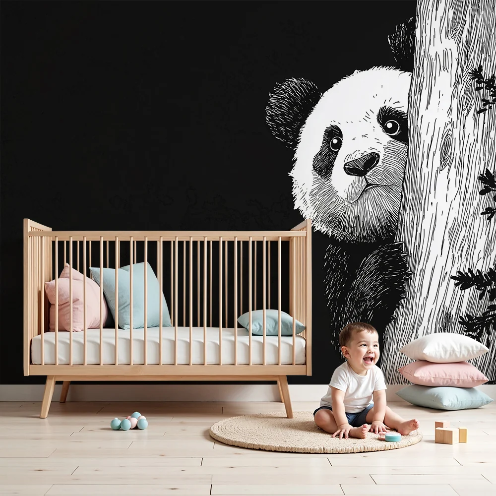 Tapet barnerom | Leken panda gjemt bak et tre