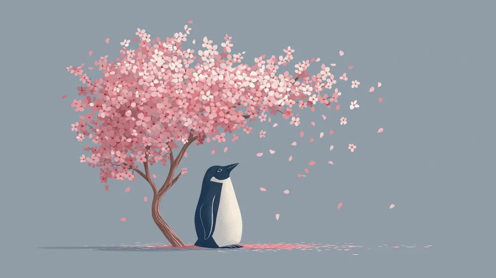 Tapet barnerom | Leken pingvin under et blomstrende kirsebærtre