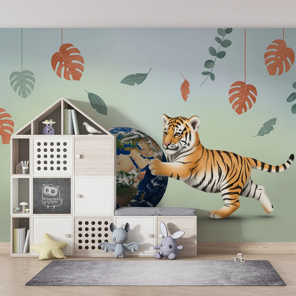 Tapet barnerom | Leken tiger og jordklode omgitt av tropiske blader