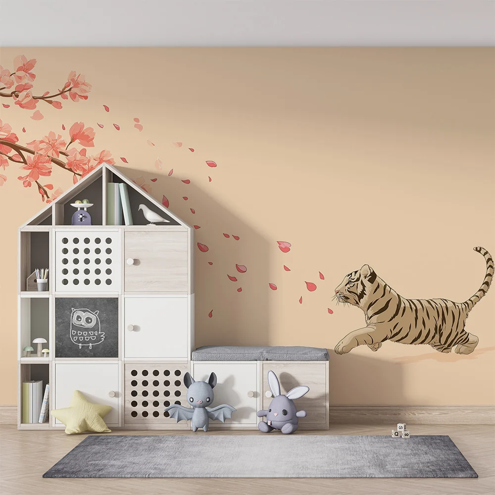 Tapet barnerom | Leken tiger under blomstrende kirsebærtrær