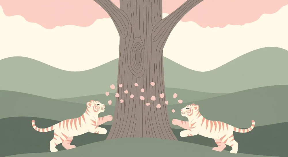 Tapet barnerom | To lekende tigre under et blomstrende tre