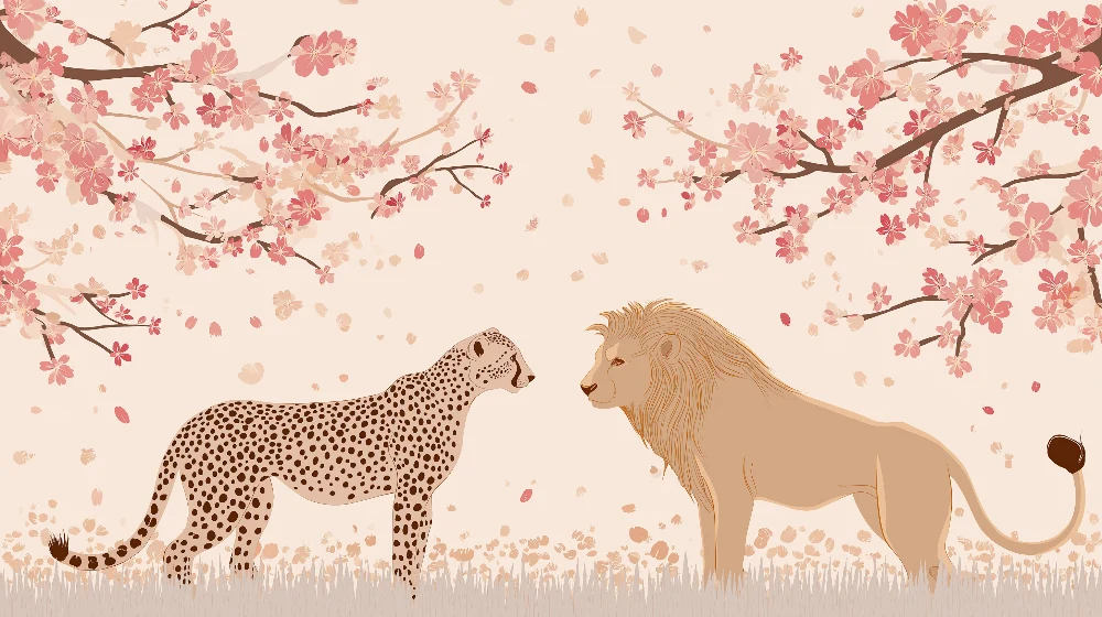 Tapet barnerom | Leopard og løve under blomstrende kirsebærtrær