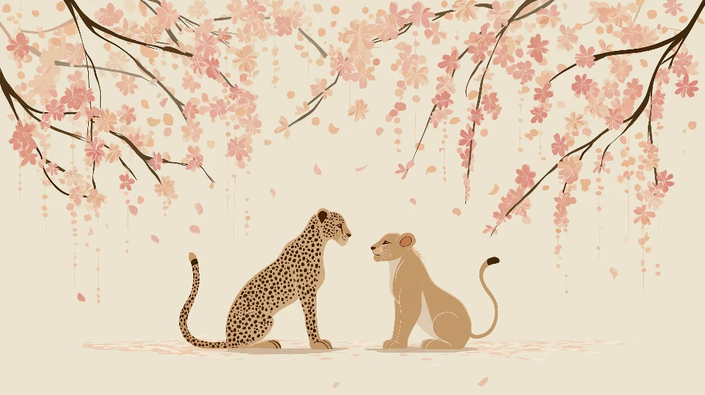Tapet barnerom | Leopard og løvinne under kirsebærblomstene