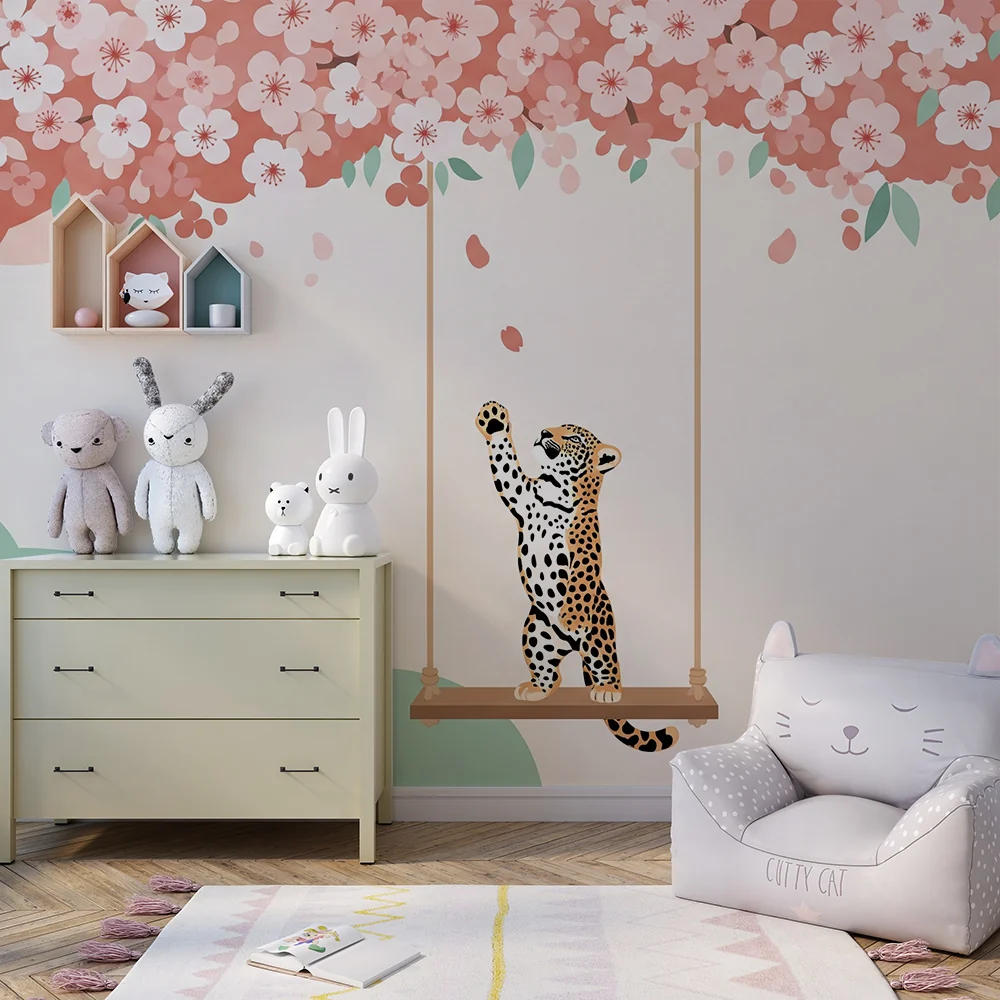 Tapet barnerom | Leopard spiller under et blomstrende kirsebærtre