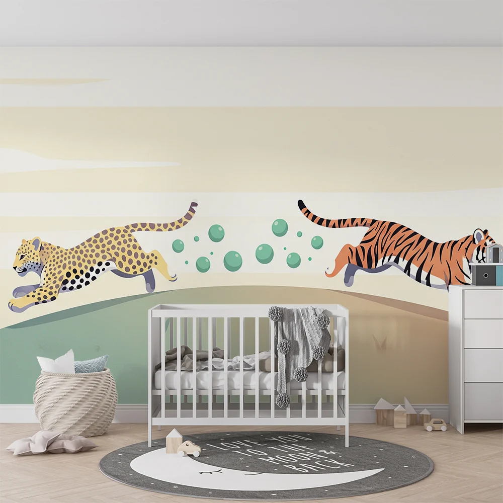 Tapet barnerom | Leopard og tiger i full fart med fargerike bobler