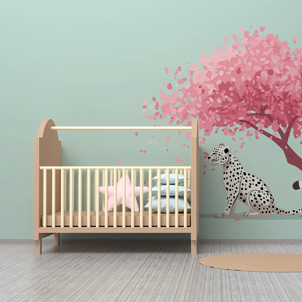 Tapet barnerom | Leopard under et blomstrende kirsebærtre
