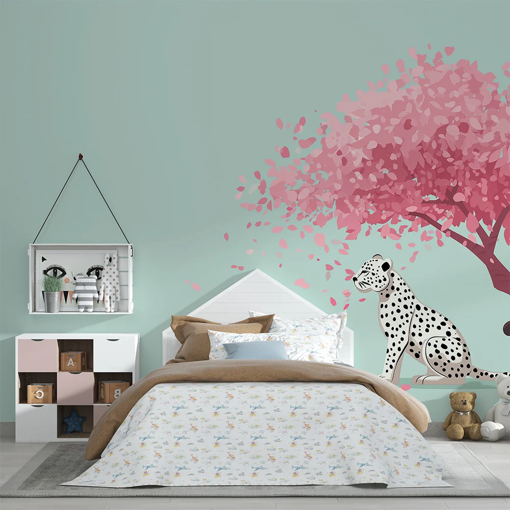 Tapet barnerom | Leopard under et blomstrende kirsebærtre