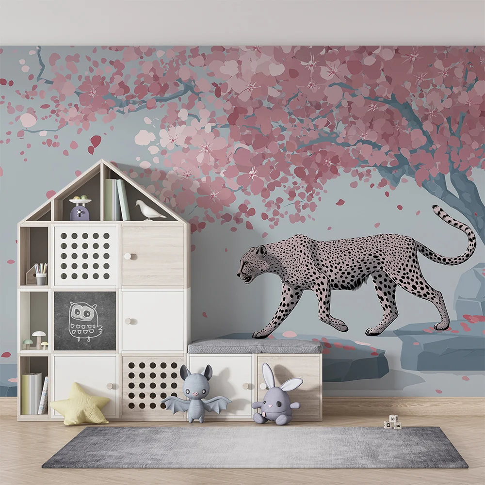 Tapet barnerom | Søt leopard under et blomstrende kirsebærtre