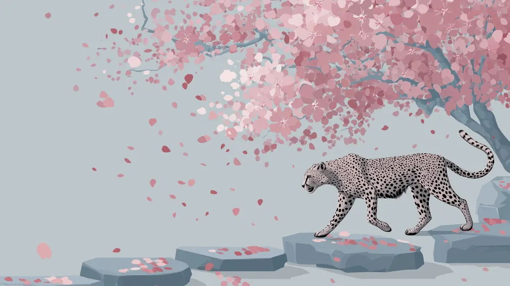 Tapet barnerom | Søt leopard under et blomstrende kirsebærtre
