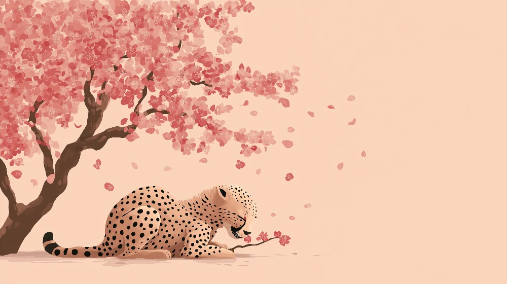 Tapet barnerom | Søt leopard under et blomstrende kirsebærtre