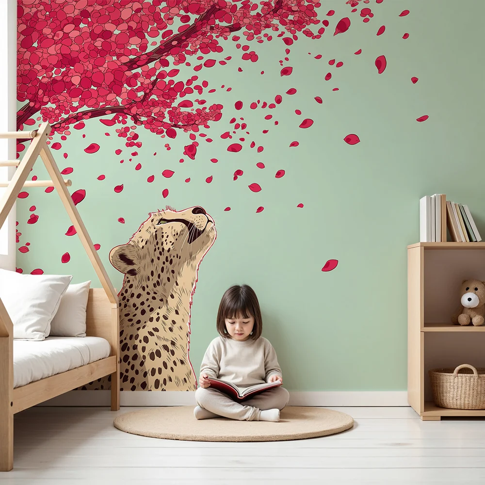 Tapet barnerom | Leopard under et blomstrende tre med rosa kronblader