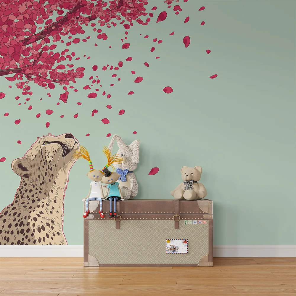 Tapet barnerom | Leopard under et blomstrende tre med rosa kronblader