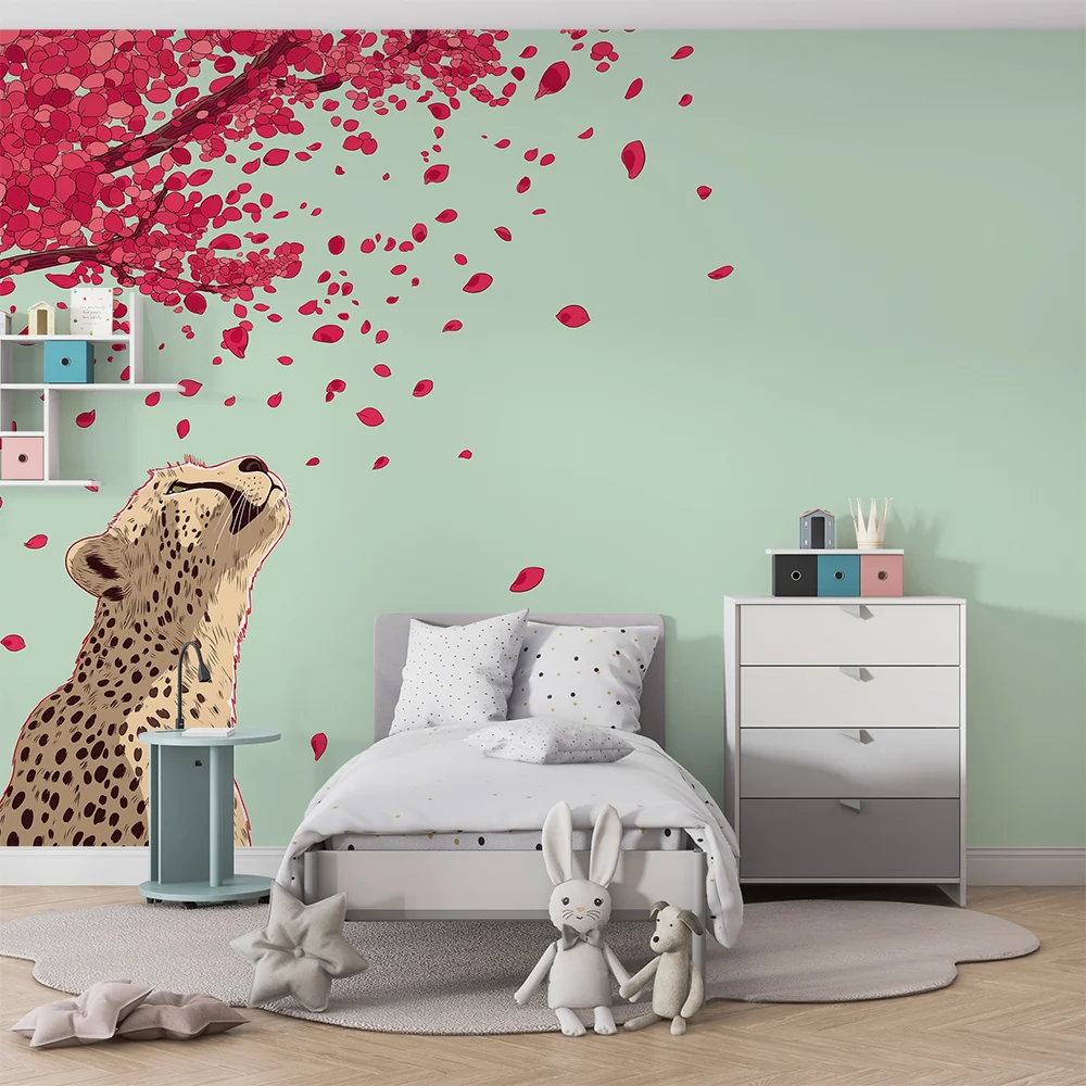 Tapet barnerom | Leopard under et blomstrende tre med rosa kronblader