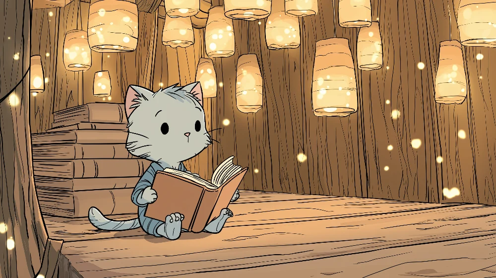 Tapet barnerom | Liten kattunge i et magisk bibliotek med glitrende lykter