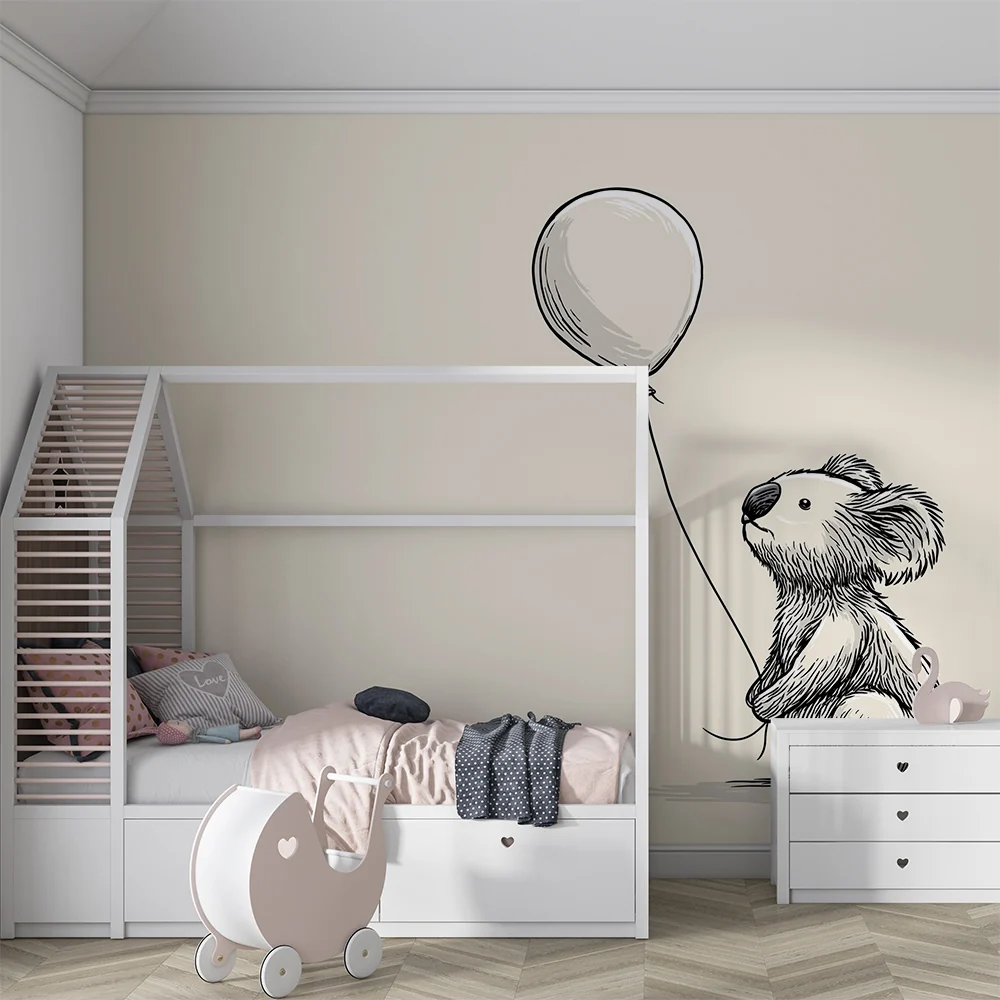 Tapet barnerom | Liten koala som holder en ballong i en myk setting
