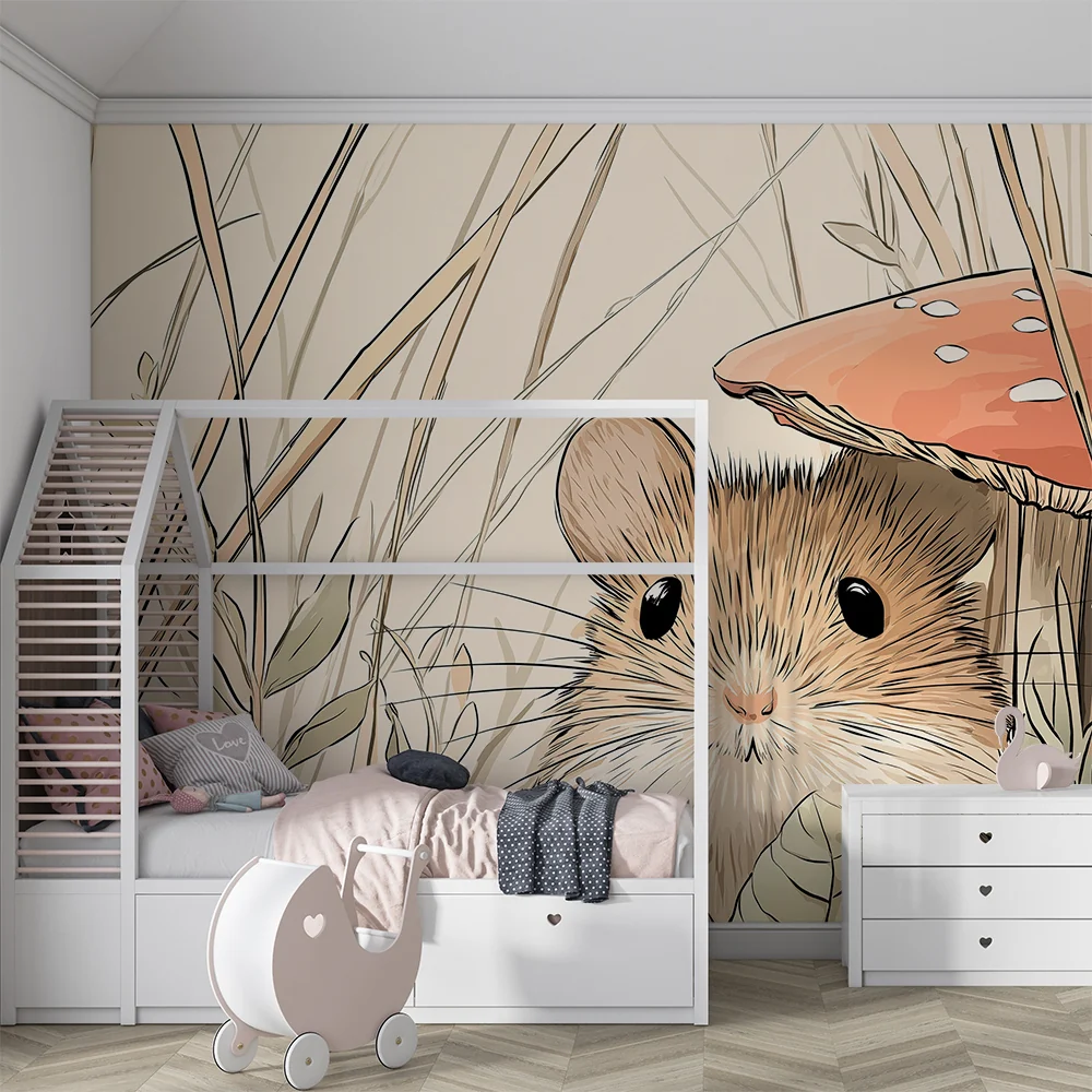 Tapet barnerom | Liten mus under en sopp i en naturlig setting