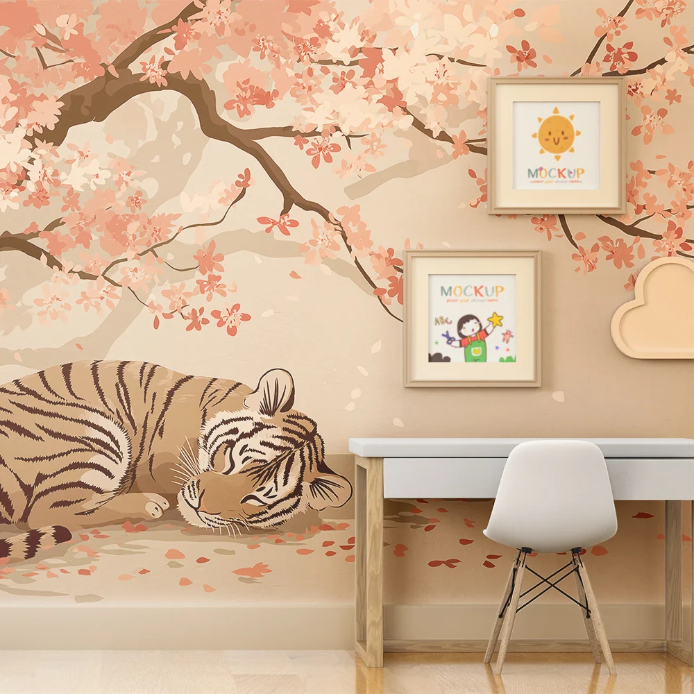 Tapet barnerom | Liten sovende tiger under et blomstrende kirsebærtre