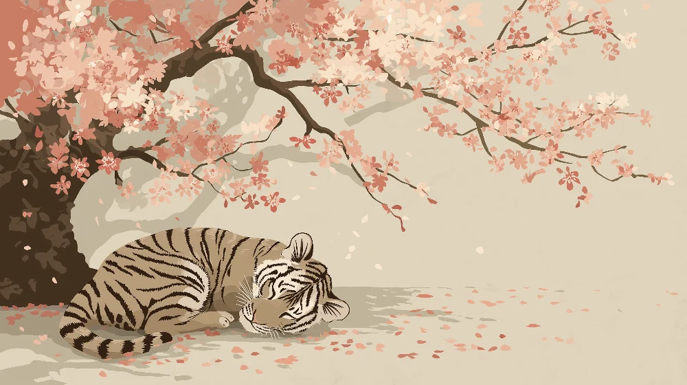 Tapet barnerom | Liten sovende tiger under et blomstrende kirsebærtre