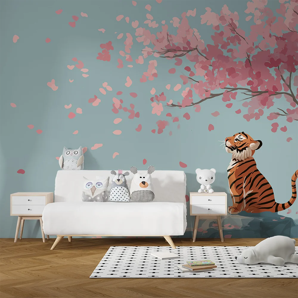 Tapet barnerom | Liten tiger sitter under et blomstrende kirsebærtre