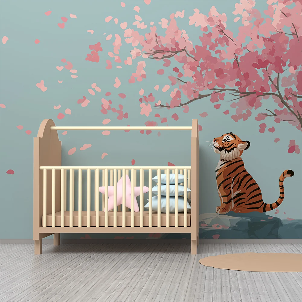 Tapet barnerom | Liten tiger sitter under et blomstrende kirsebærtre