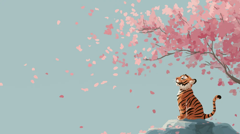 Tapet barnerom | Liten tiger sitter under et blomstrende kirsebærtre