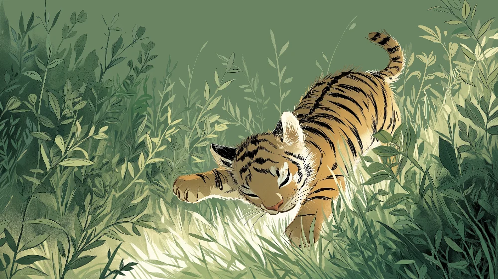 Tapet barnerom | Liten tiger som leker i den frodige jungelen