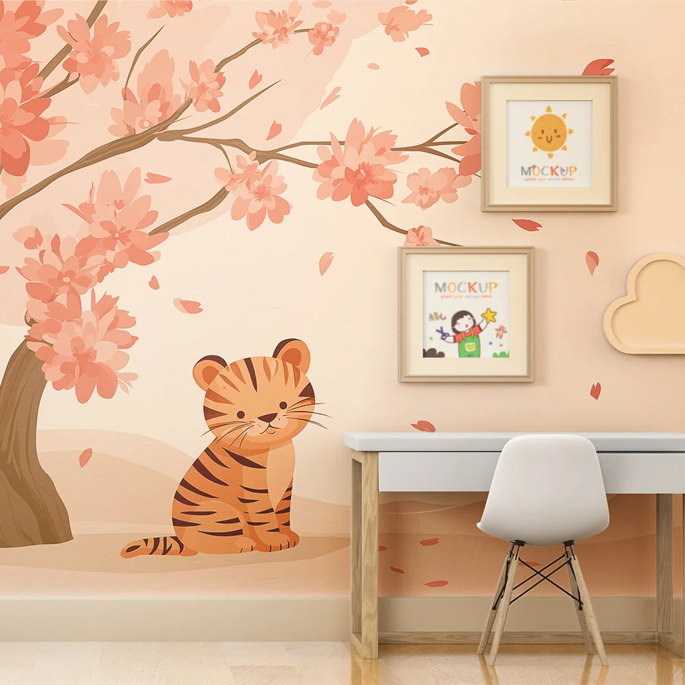 Tapet barnerom | Liten tiger under et blomstrende kirsebærtre