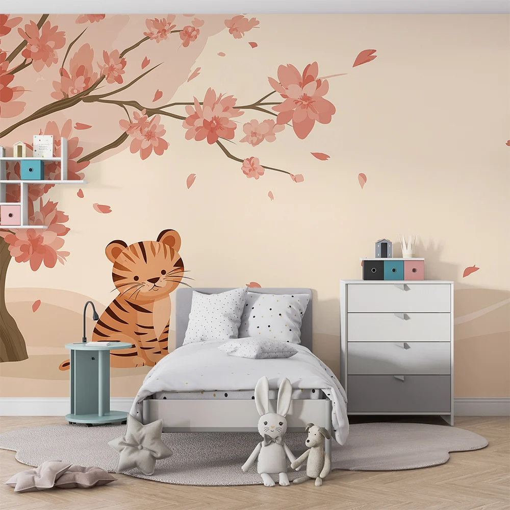 Tapet barnerom | Liten tiger under et blomstrende kirsebærtre