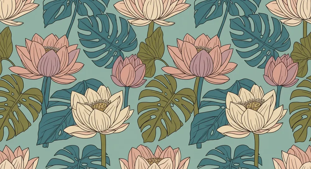 Tapet barnerom | Lotusblomster og tropisk løvverk i myke farger