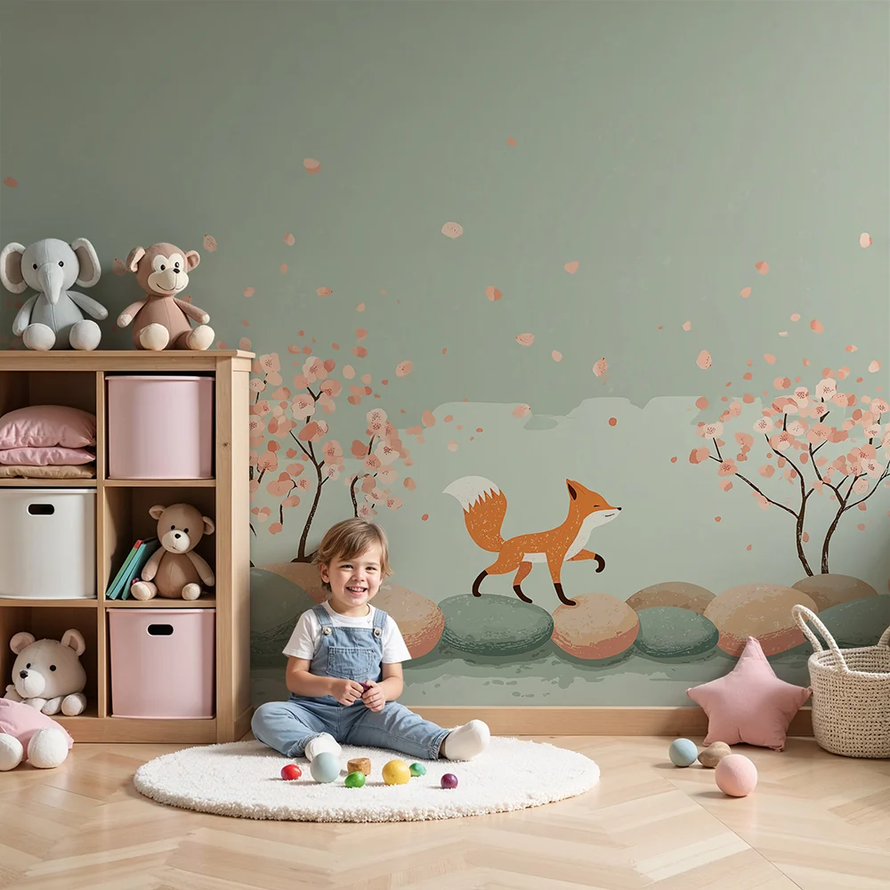 Tapet barnerom | Lur rev blant blomster og steiner