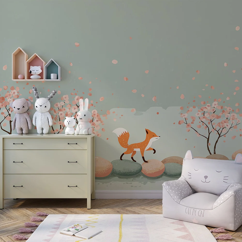 Tapet barnerom | Lur rev blant blomster og steiner