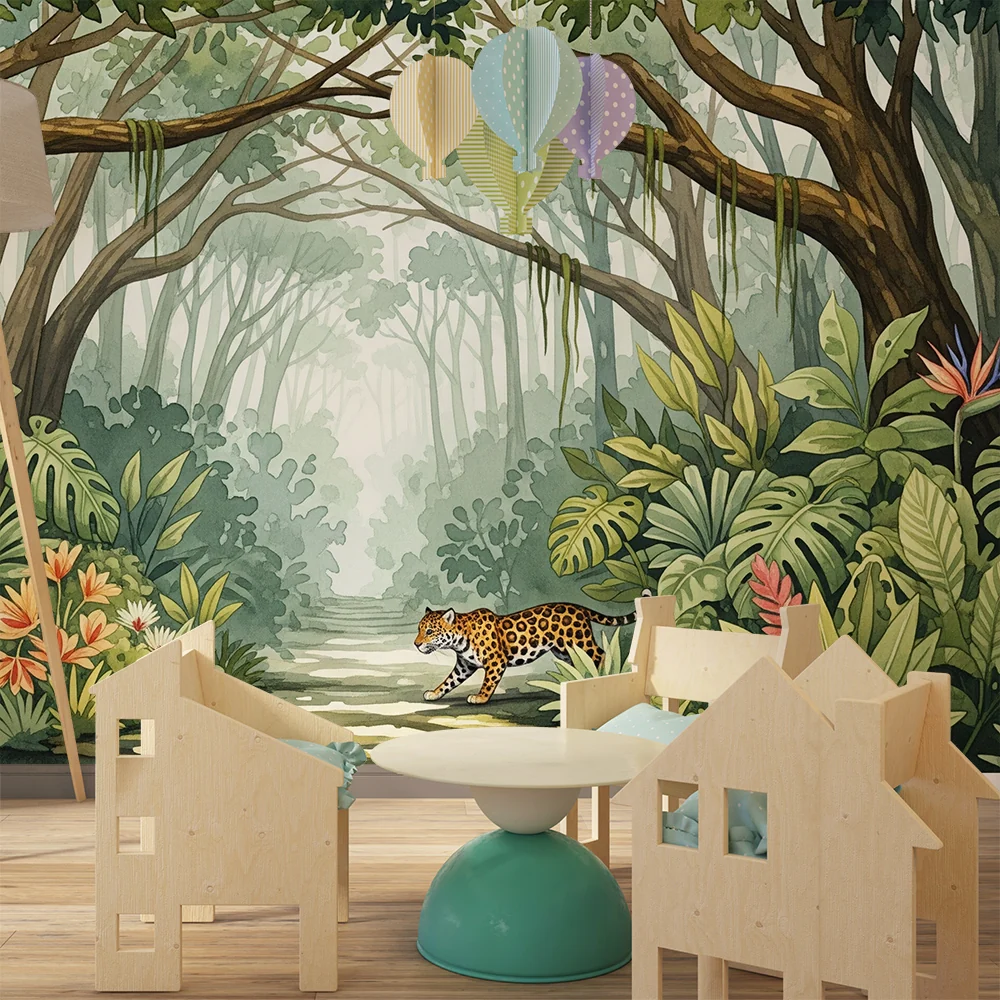 Tapet barnerom | Lush jungel med leopard og tropiske blader