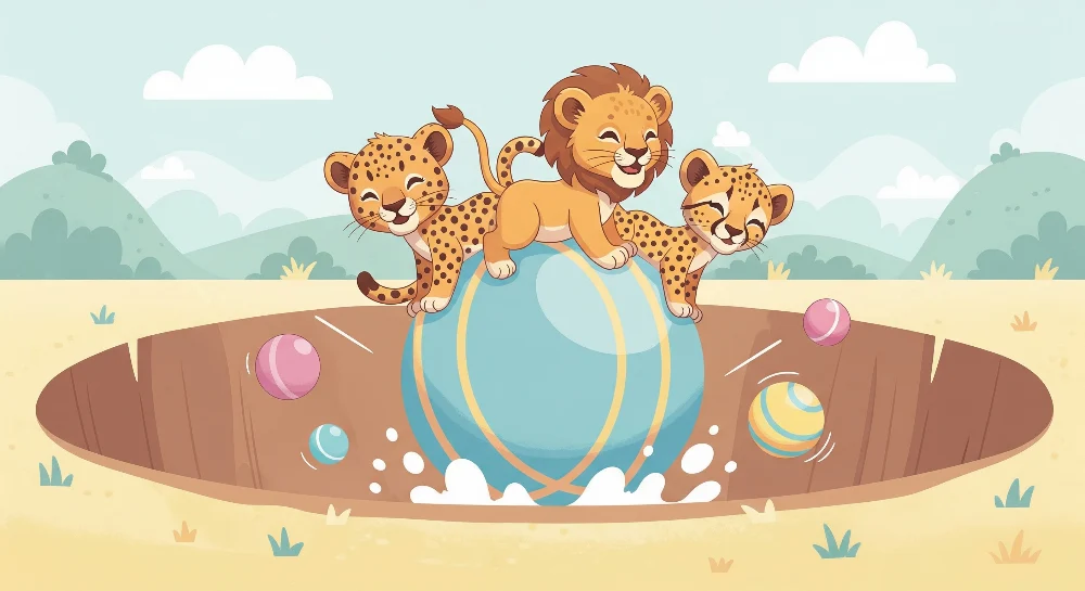 Tapet barnerom | Løve og leoparder leker på en fargerik ball