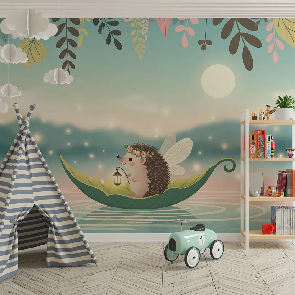 Tapet barnerom | Magical hedgehog sailing on enchanted lake