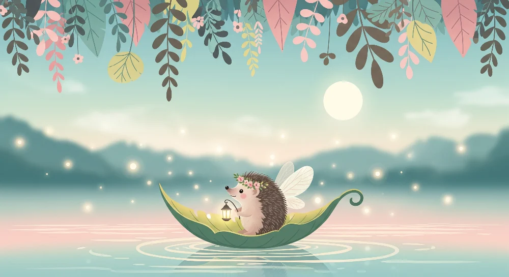Tapet barnerom | Magical hedgehog sailing on enchanted lake