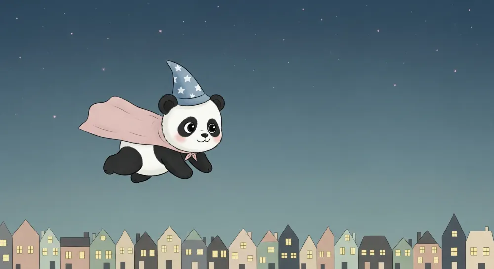 Tapet barnerom | Magisk flyvende panda over byen