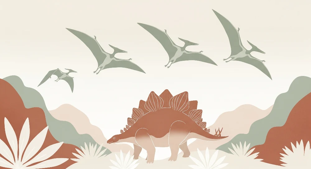 Tapet barnerom | Majestetisk dinosaurus og flyvende pterosaurer i en prehistorisk landskap