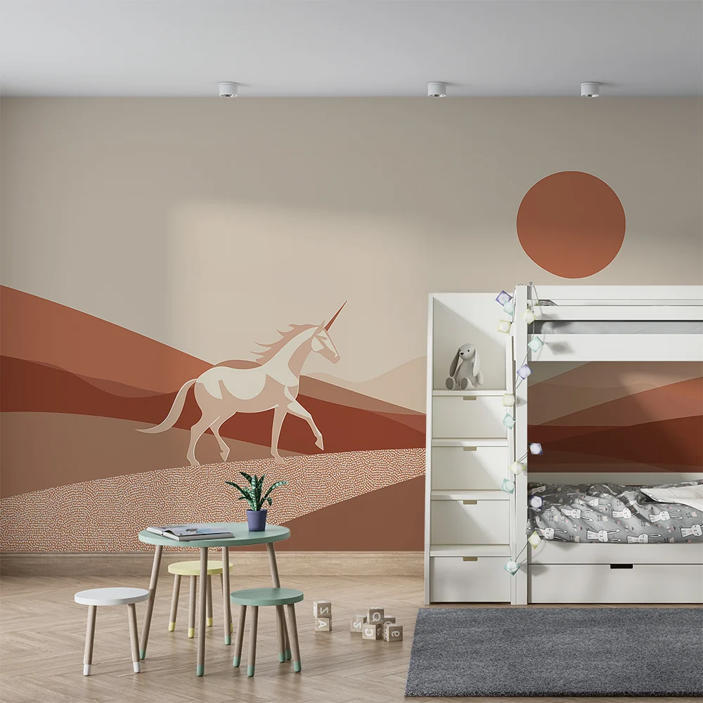 Tapet barnerom | Majestetisk enhjørning i et varmt ørkenlandskap
