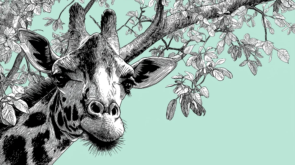 Tapet barnerom | Majestetisk giraff omgitt av løvverk på mintfarget bakgrunn