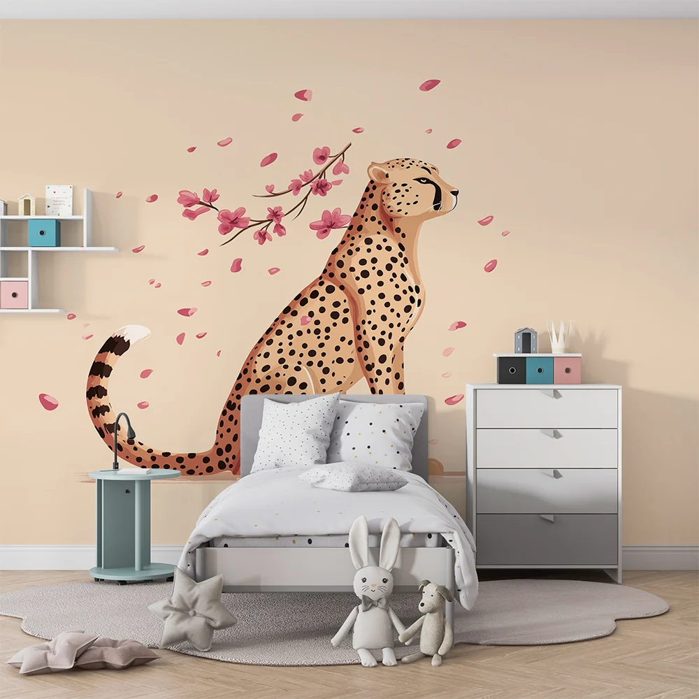 Tapet barnerom | Majestetisk leopard under kirsebærblomster