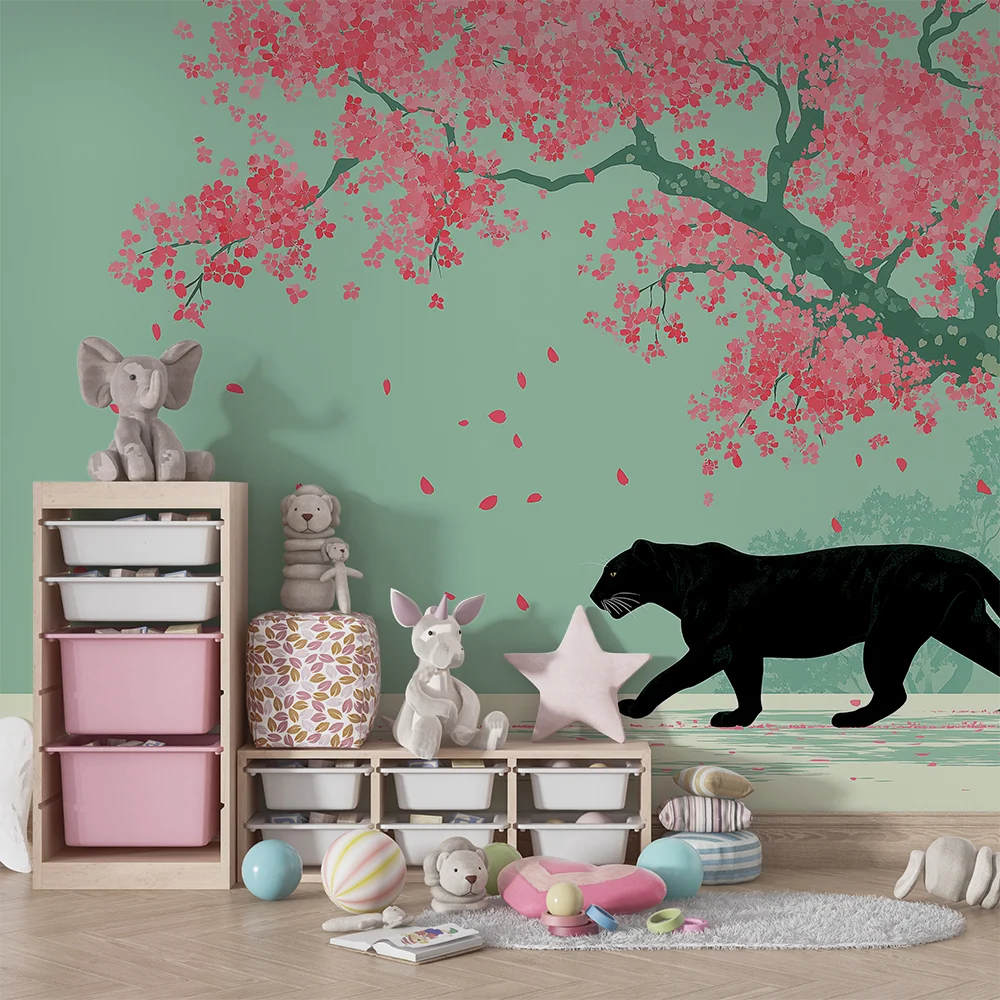 Tapet barnerom | Majestetisk panter under et blomstrende kirsebærtre