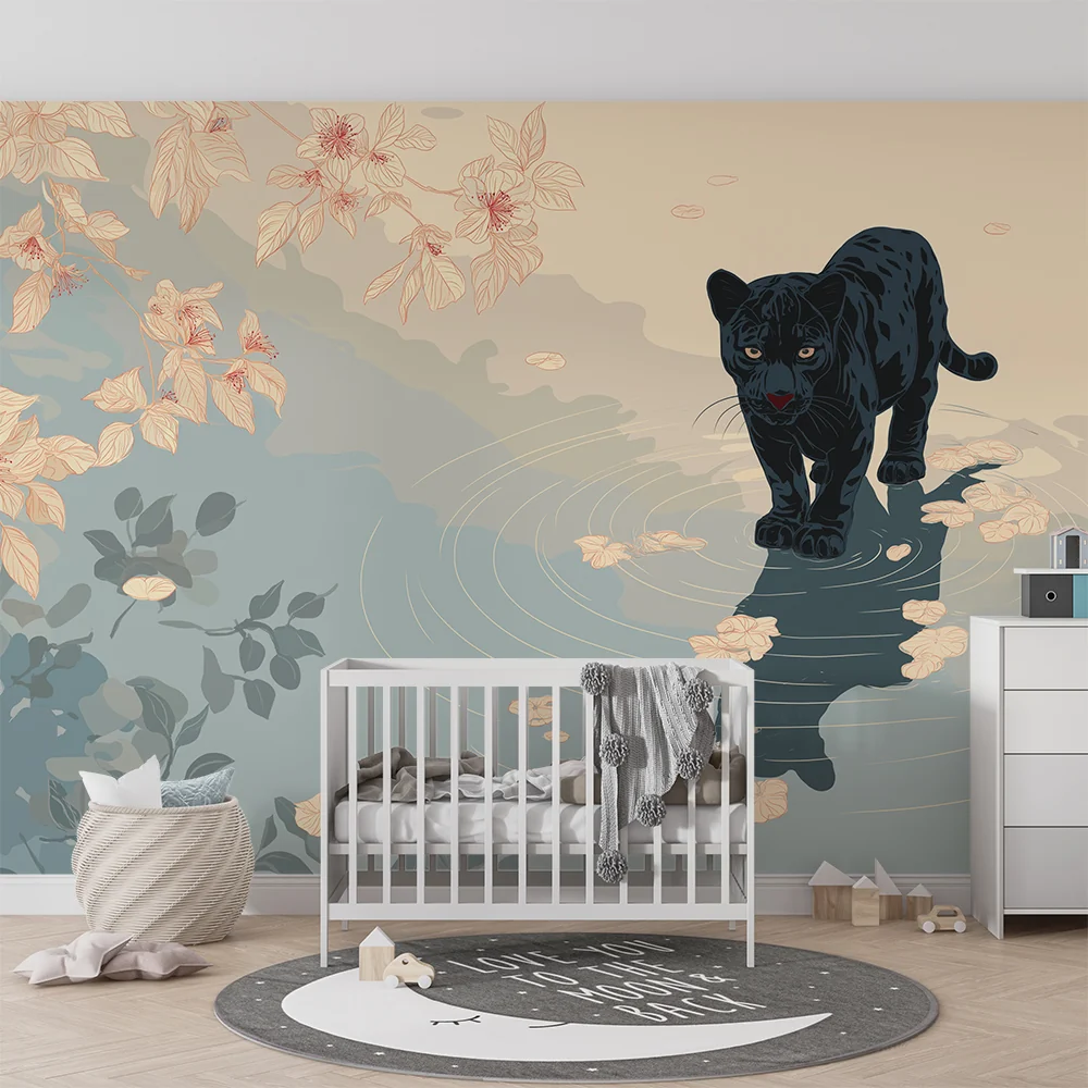 Tapet barnerom | Majestetisk svart panter ved vannkanten med delikate blomster