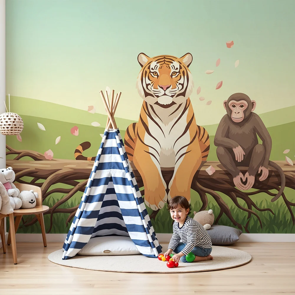 Tapet barnerom | Majestetisk tiger og rampete ape på en gren