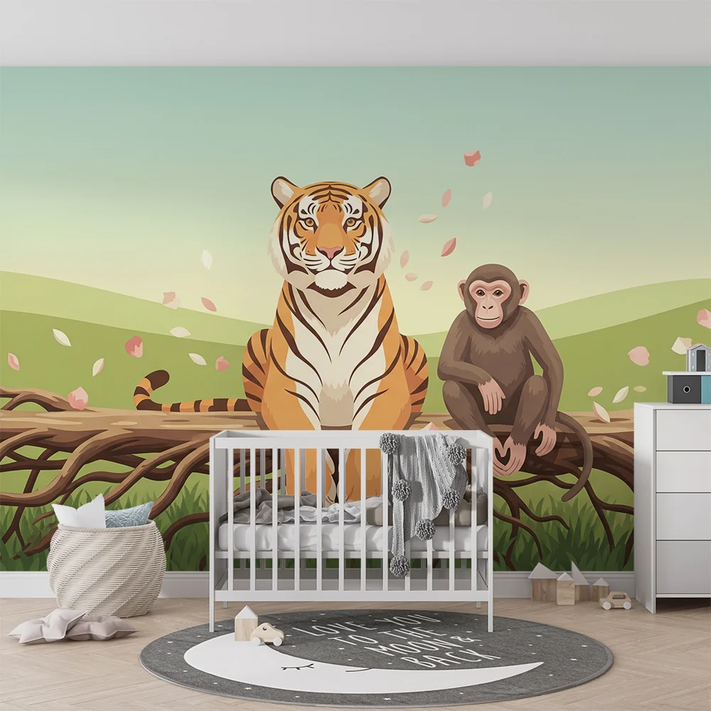 Tapet barnerom | Majestetisk tiger og rampete ape på en gren