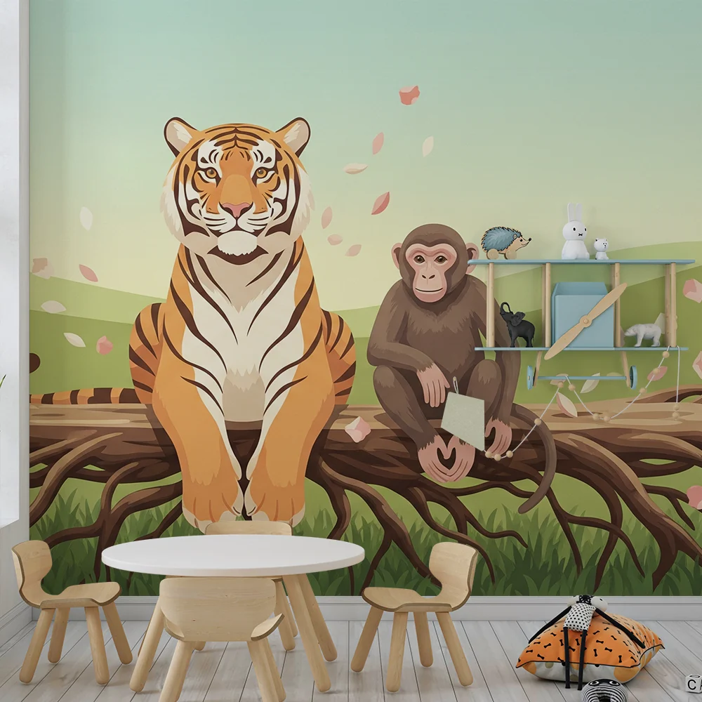Tapet barnerom | Majestetisk tiger og rampete ape på en gren